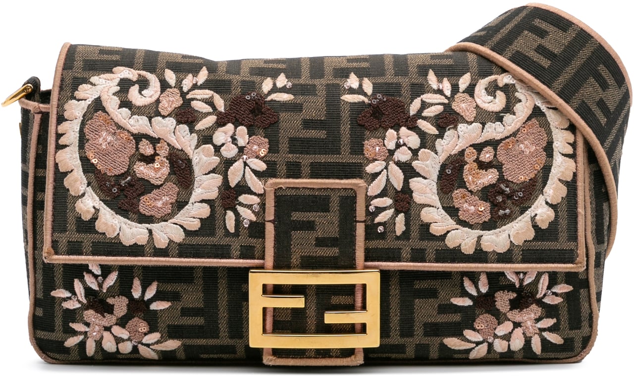 Fendi Zucca Canvas Paisley Embroidery Baguette Satchel Bruin