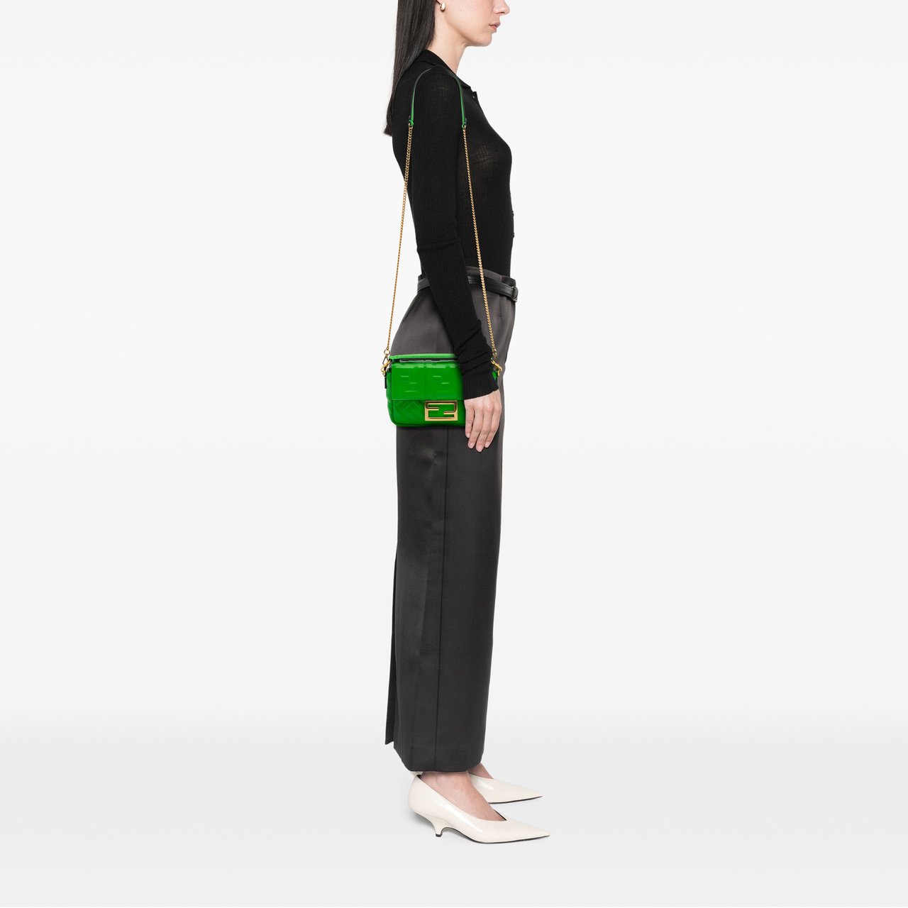 Fendi Mini Zucca Embossed Leather Baguette Satchel Groen