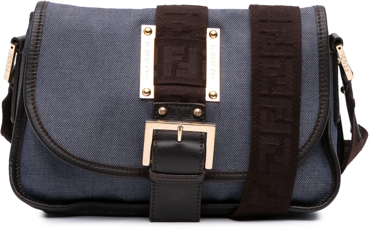 Fendi Zucca Trimmed Denim Buckle Flap Bag Blauw