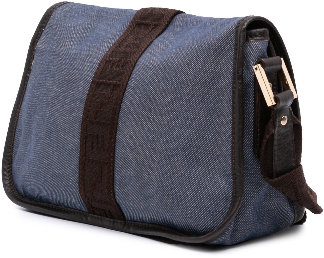 Fendi Zucca Trimmed Denim Buckle Flap Bag Blauw