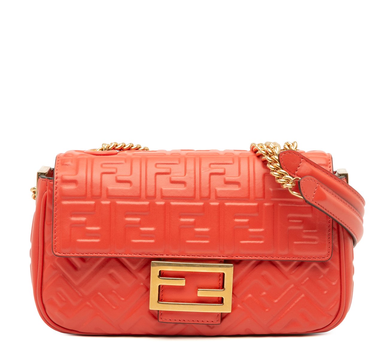 Fendi Zucca Embossed Leather Chain Midi Baguette Oranje