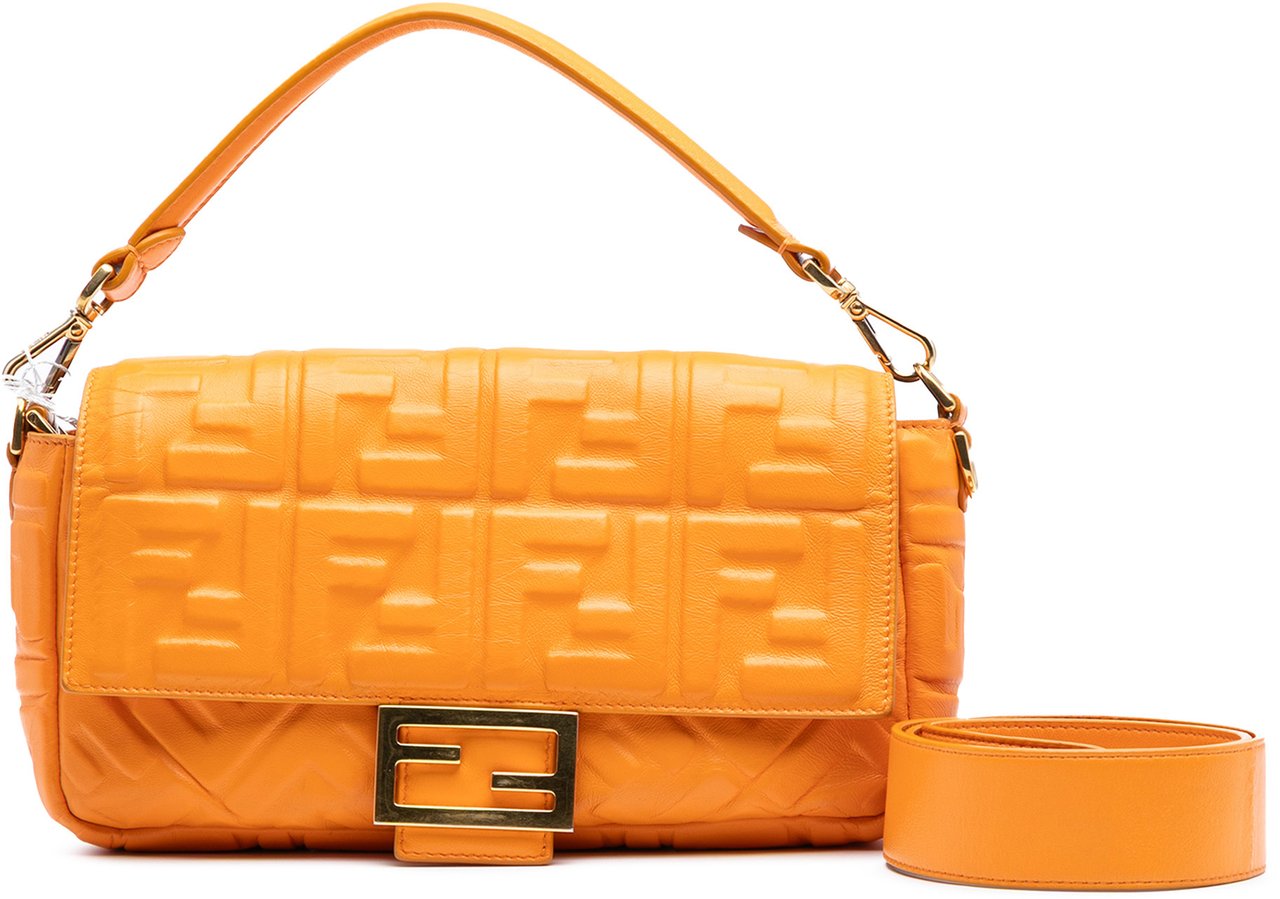 Fendi Zucca Embossed Leather Baguette Satchel Oranje