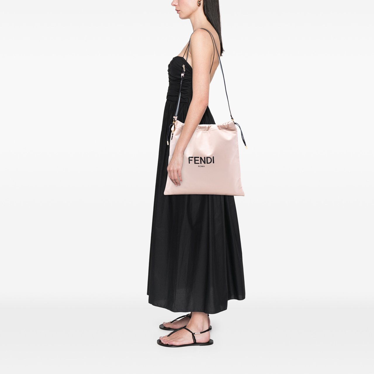 Fendi Medium Leather Logo Drawstring Crossbody Roze