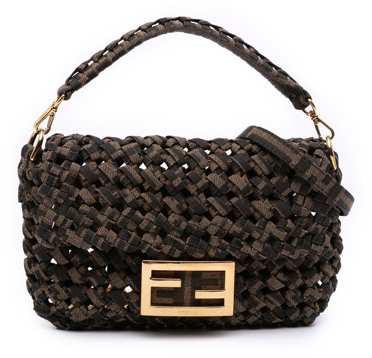 Fendi Mini Interlaced Canvas Zucca Baguette Satchel Bruin