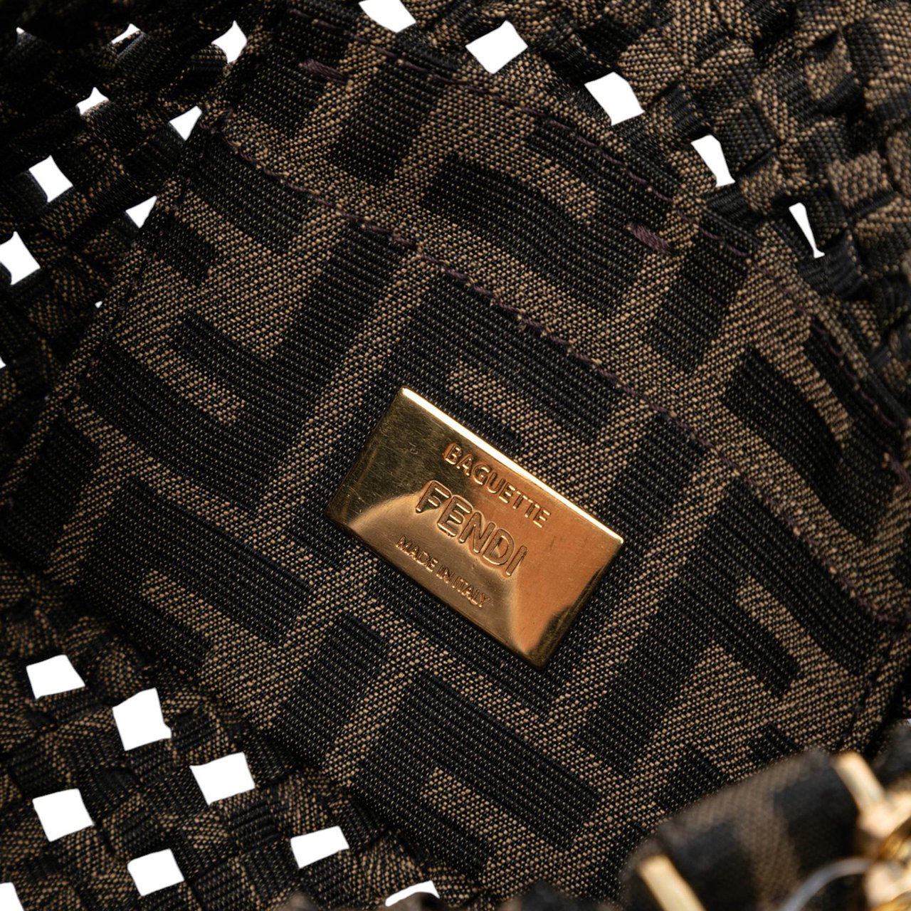 Fendi Mini Interlaced Canvas Zucca Baguette Satchel Bruin