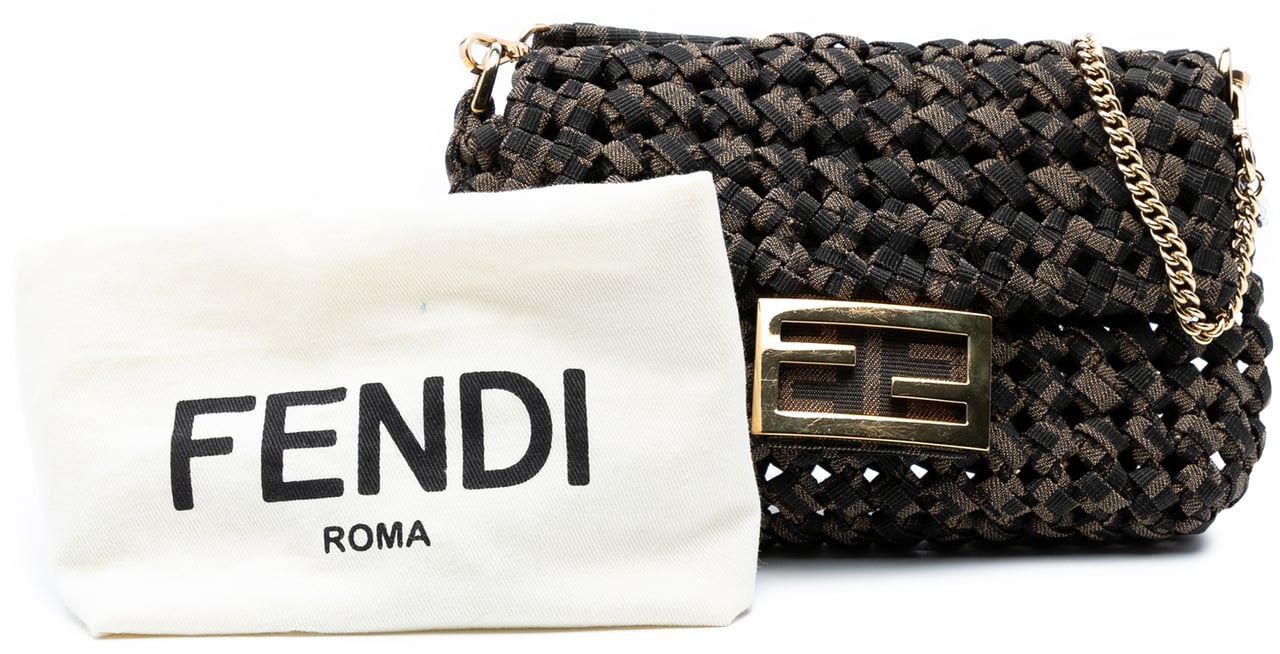 Fendi Mini Interlaced Canvas Zucca Baguette Satchel Bruin