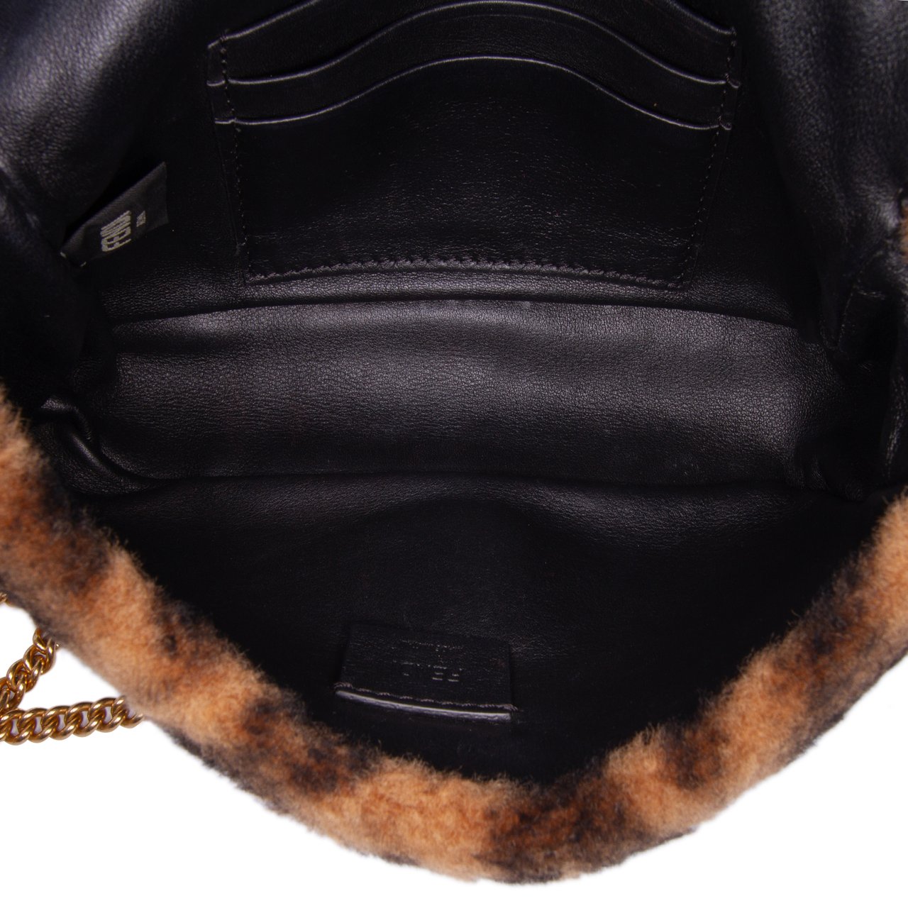 Fendi Mini Zucca Shearling Chain Baguette Satchel Bruin