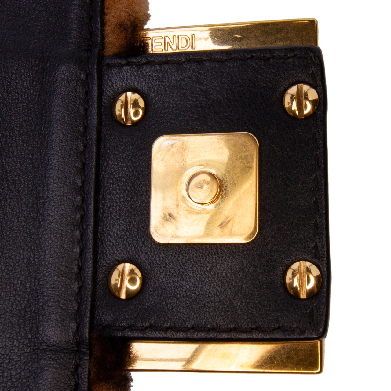Fendi Mini Zucca Shearling Chain Baguette Satchel Bruin