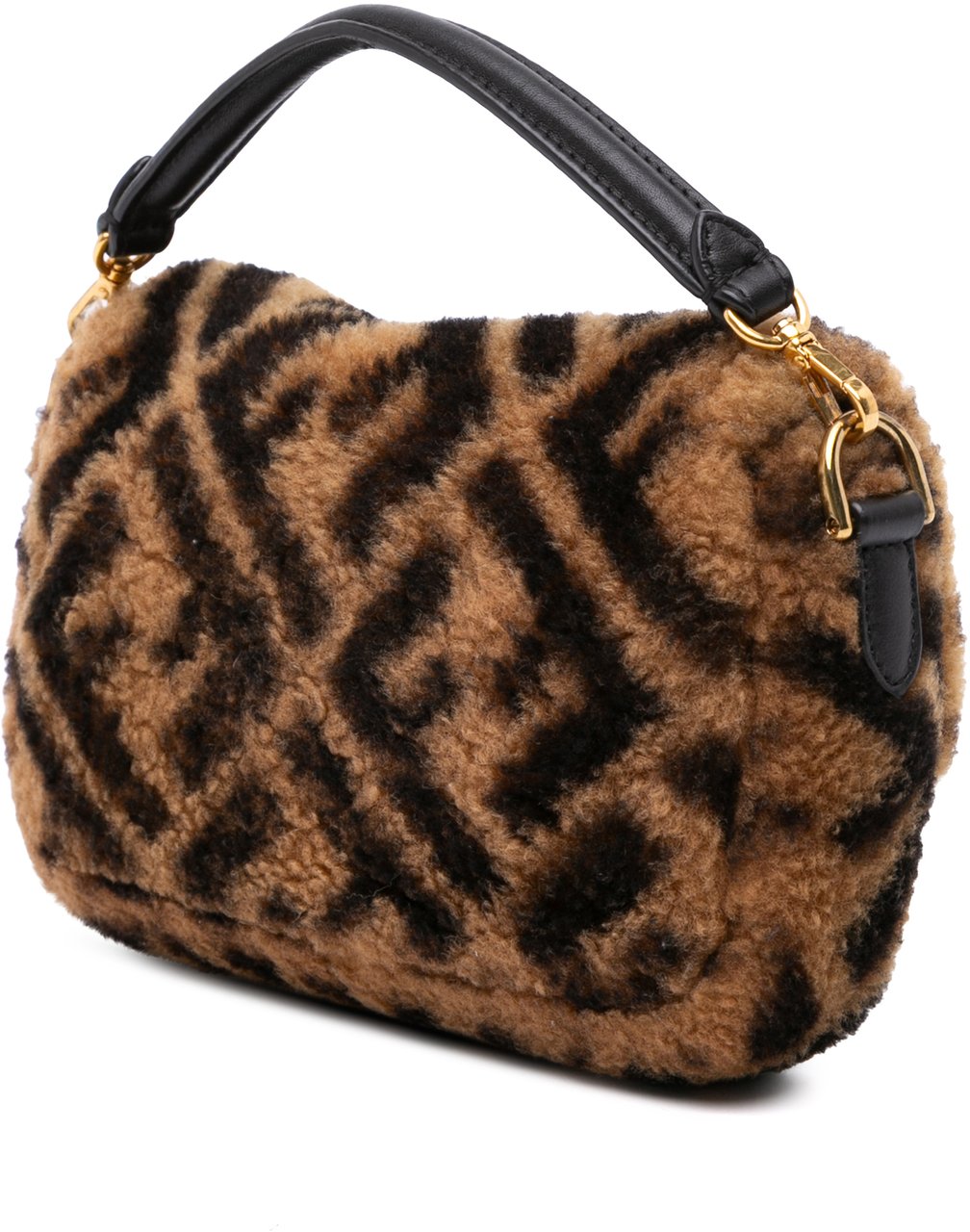Fendi Mini Zucca Shearling Chain Baguette Satchel Bruin
