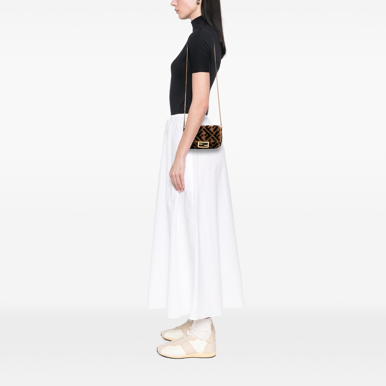 Fendi Mini Zucca Shearling Chain Baguette Satchel Bruin