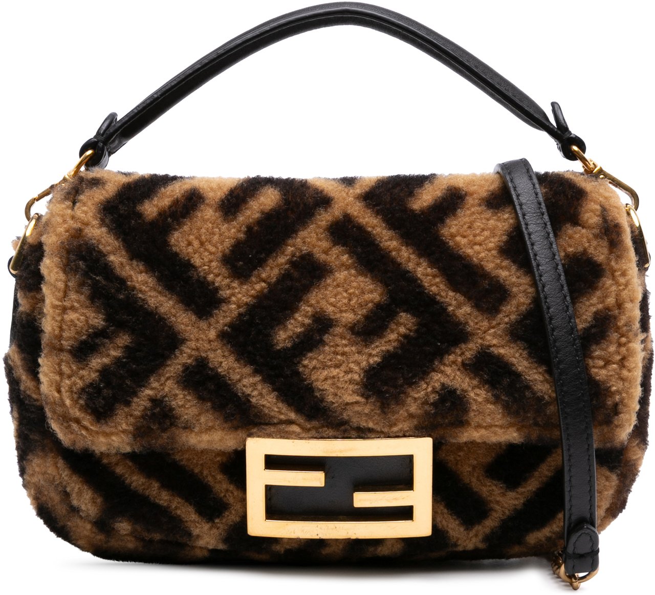 Fendi Mini Zucca Shearling Chain Baguette Satchel Bruin