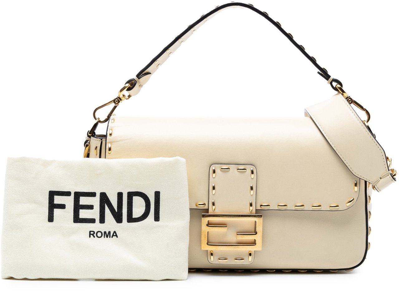 Fendi Leather Metal Stitch Baguette Satchel Bruin