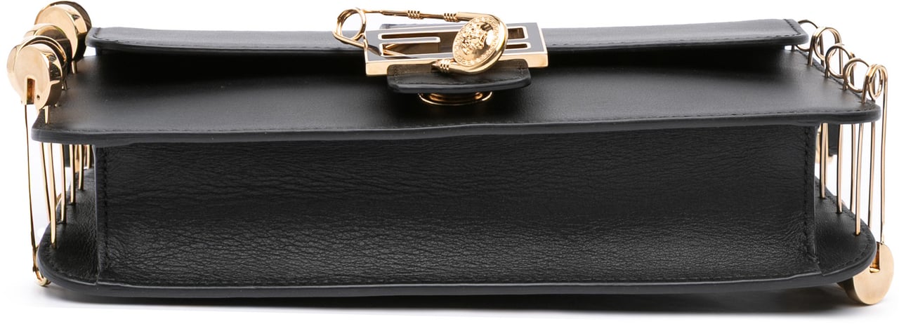 Fendi Versace Vitello Seta Fendace Brooch Baguette Satchel Zwart