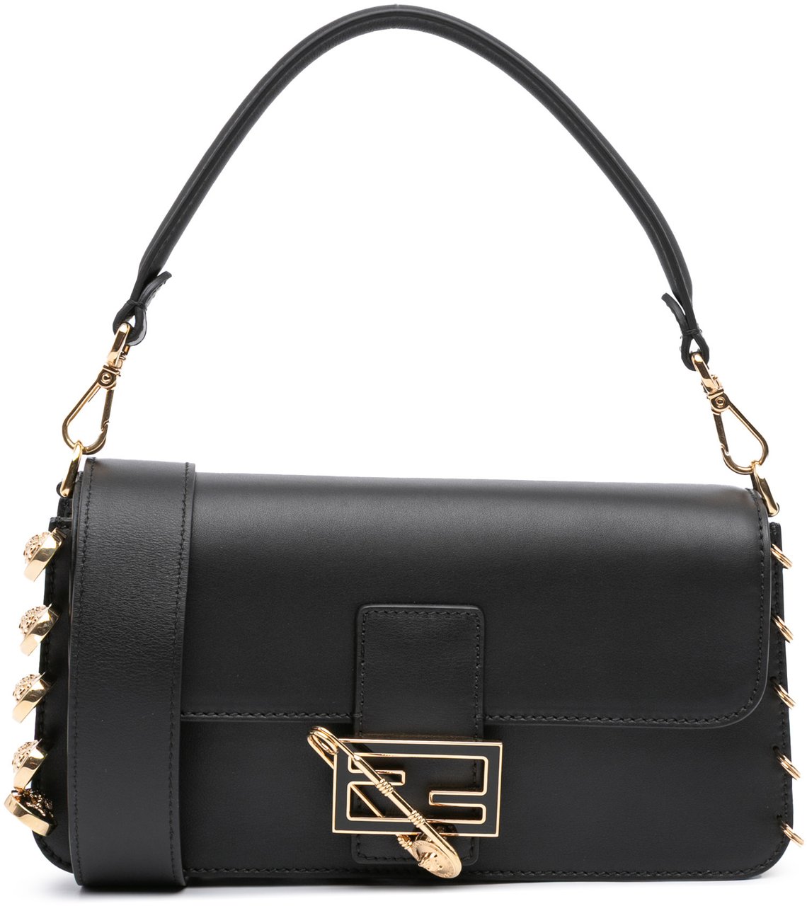 Fendi Versace Vitello Seta Fendace Brooch Baguette Satchel Zwart
