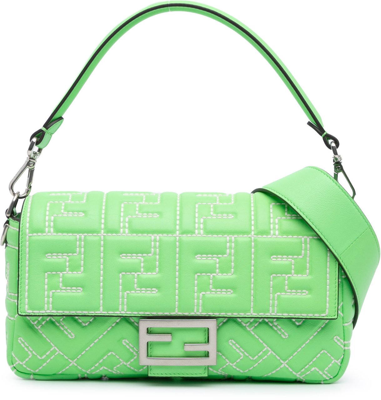 Fendi Zucca Embossed Stitched Leather Baguette Satchel Groen
