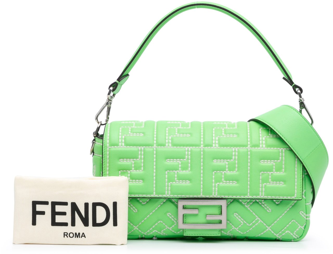 Fendi Zucca Embossed Stitched Leather Baguette Satchel Groen