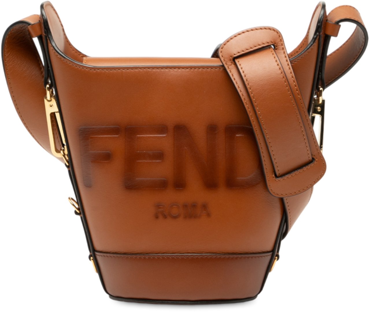 Fendi Leather Debossed Logo Bucket Bag Bruin