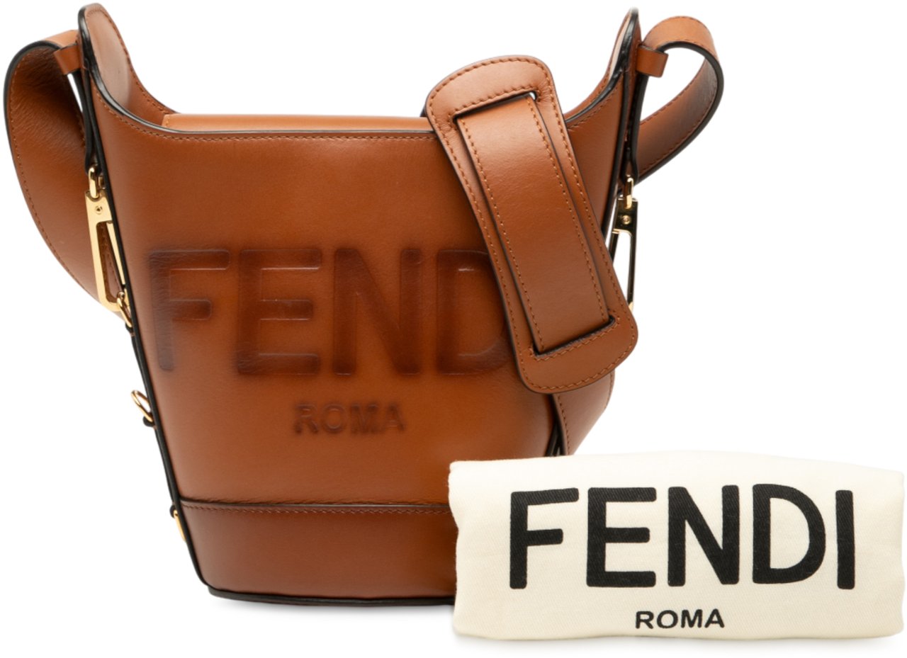 Fendi Leather Debossed Logo Bucket Bag Bruin