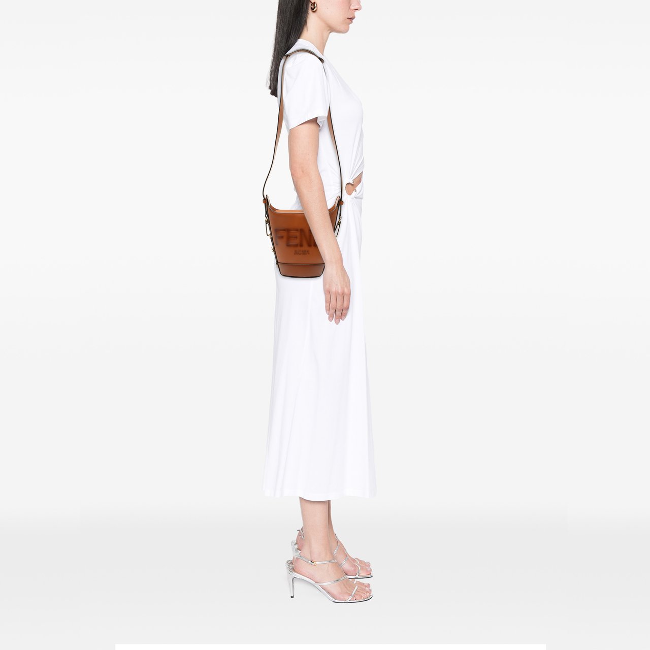 Fendi Leather Debossed Logo Bucket Bag Bruin