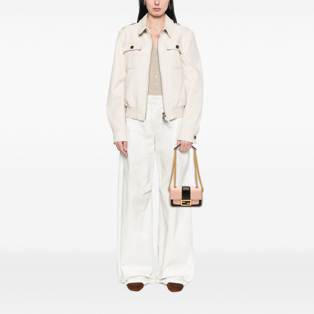 Fendi Mini Bicolor Nappa Apolo Chain Baguette Shoulder Bag Roze