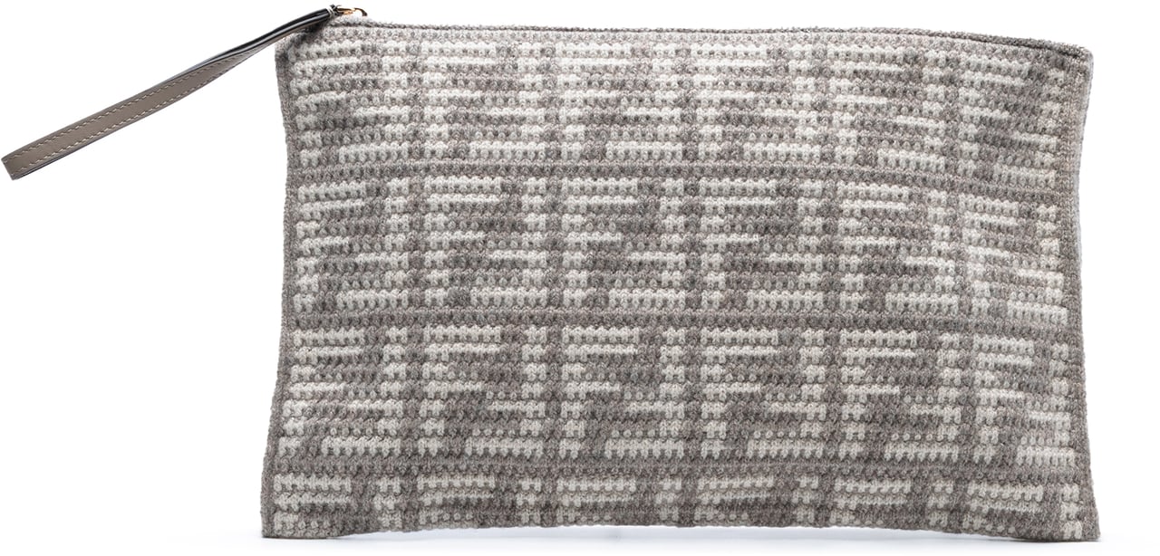Fendi Large Woven Fabric and Calfskin FF Flat Pouch Grijs