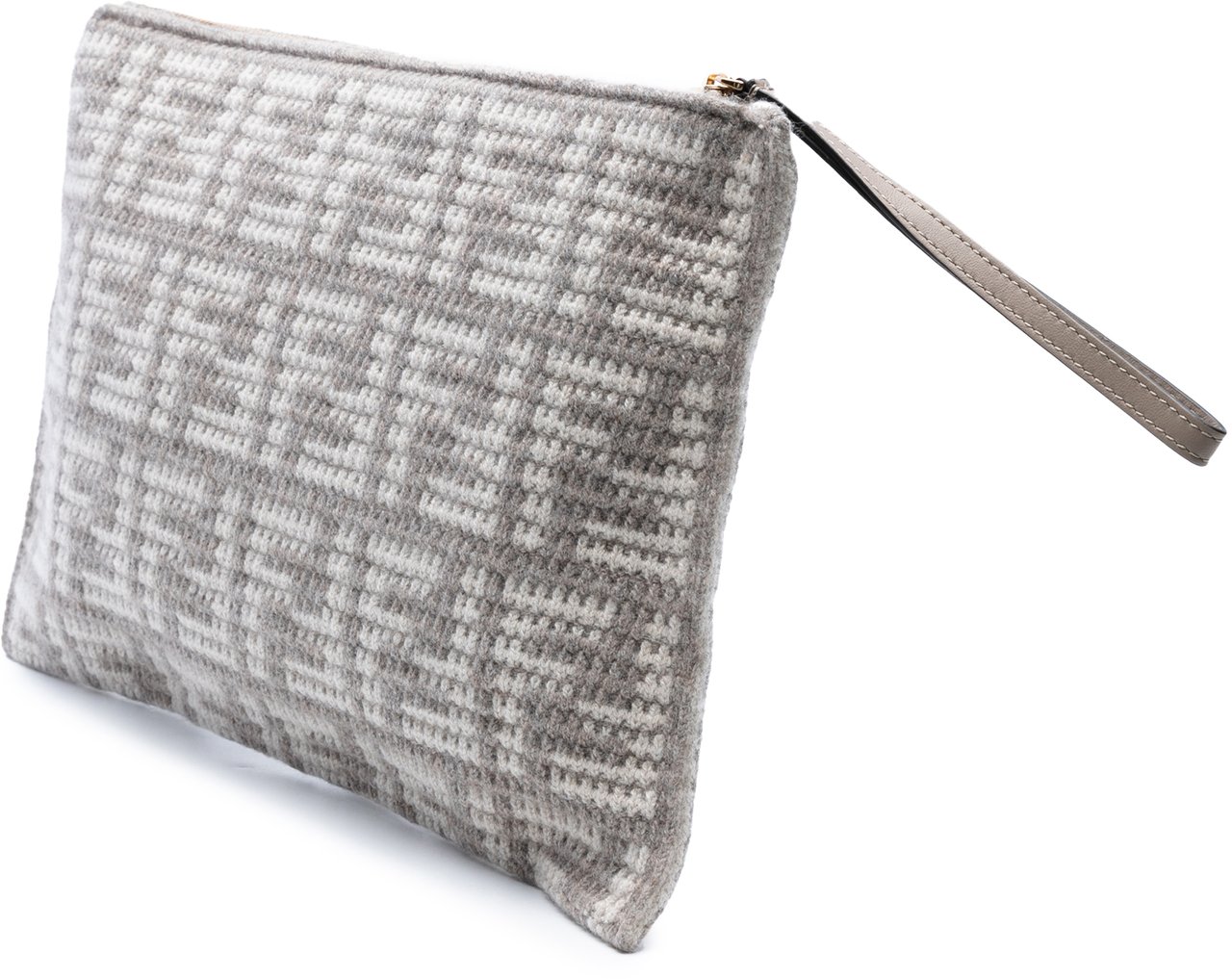 Fendi Large Woven Fabric and Calfskin FF Flat Pouch Grijs