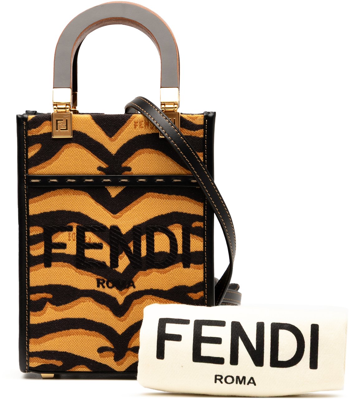 Fendi Mini Embroidered Canvas Tiger Print Sunshine Shopper Tote Bruin