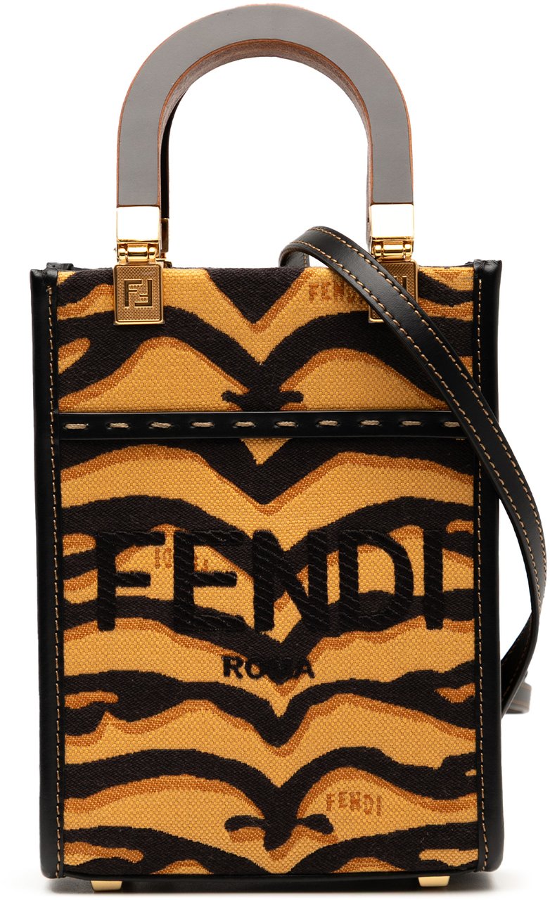 Fendi Mini Embroidered Canvas Tiger Print Sunshine Shopper Tote Bruin