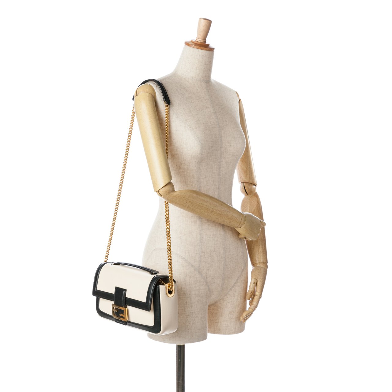 Fendi Bicolor Leather Chain Midi Baguette Wit