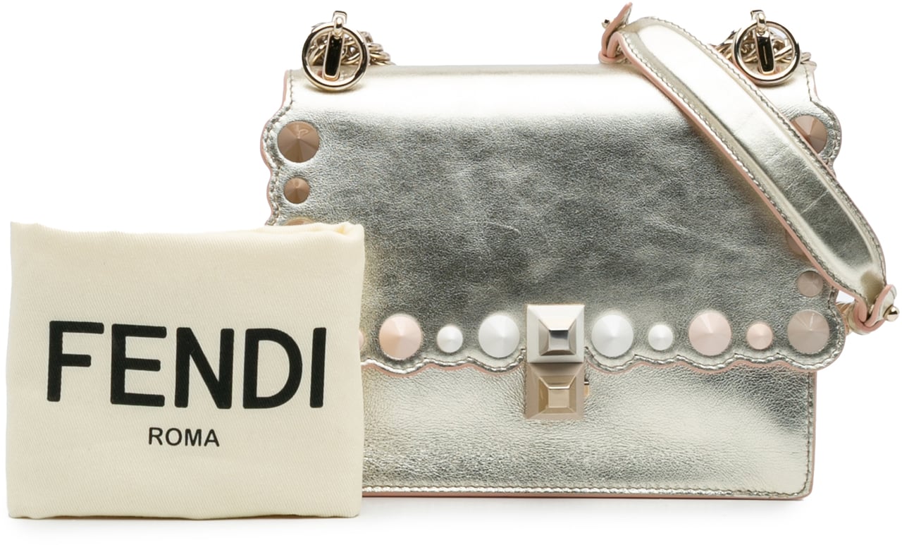 Fendi Small Scalloped Metallic Calfskin Studded Pearl Kan I Crossbody Zilver