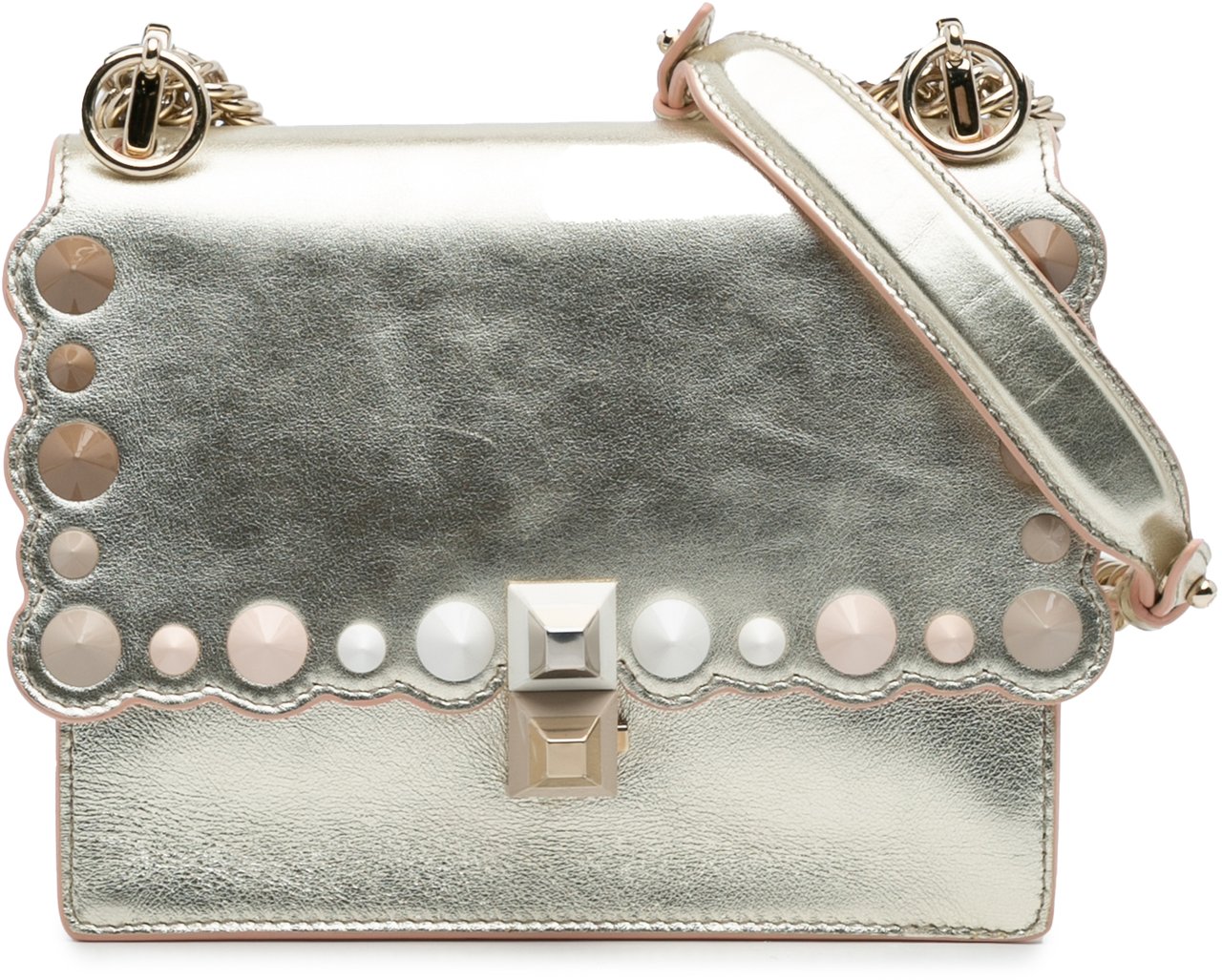 Fendi Small Scalloped Metallic Calfskin Studded Pearl Kan I Crossbody Zilver