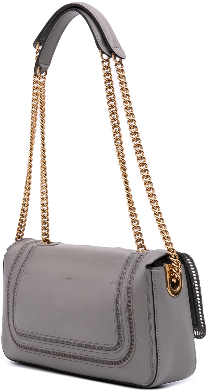 Fendi Embroidered Lace Leather Baguette Chain Grijs