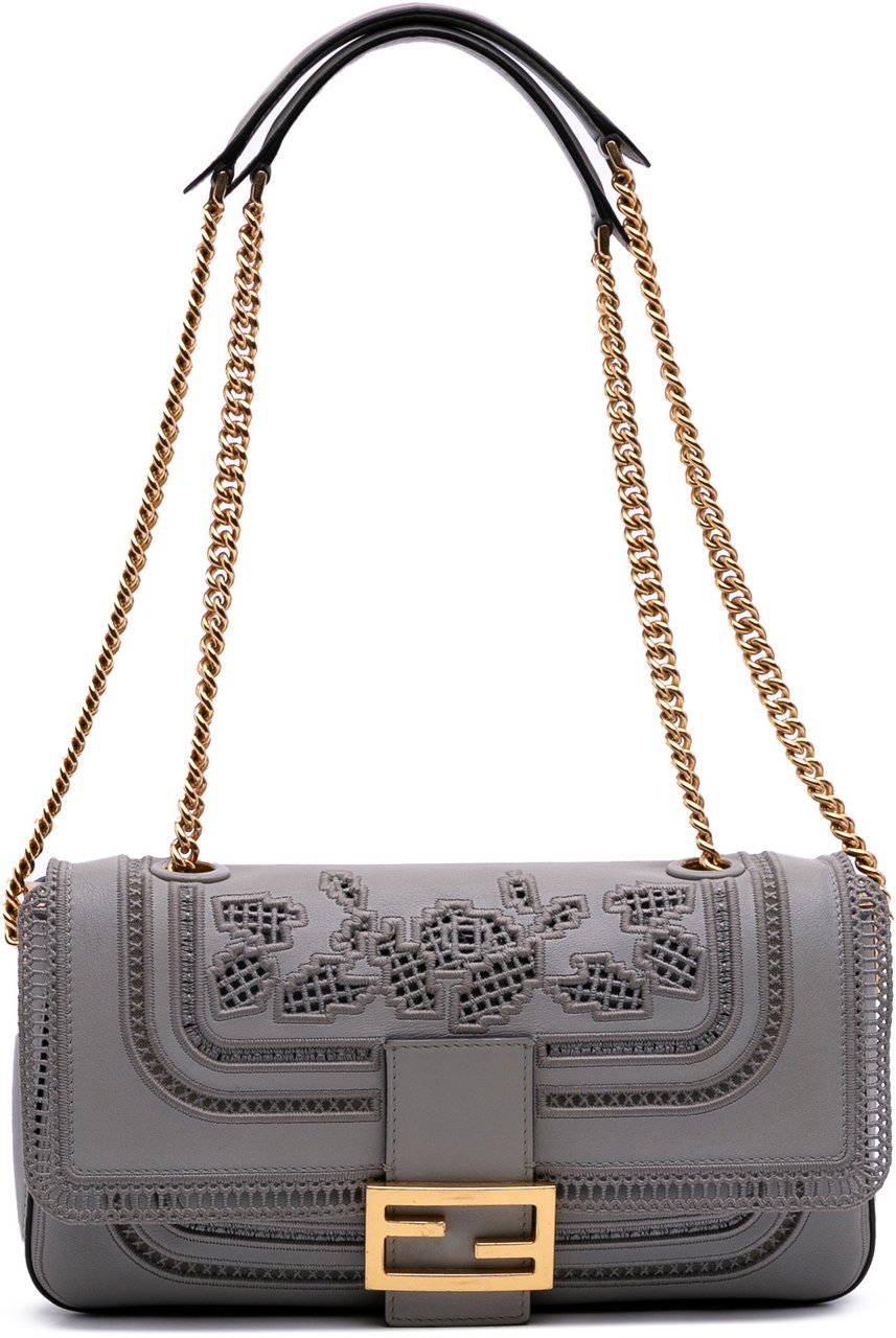 Fendi Embroidered Lace Leather Baguette Chain Grijs