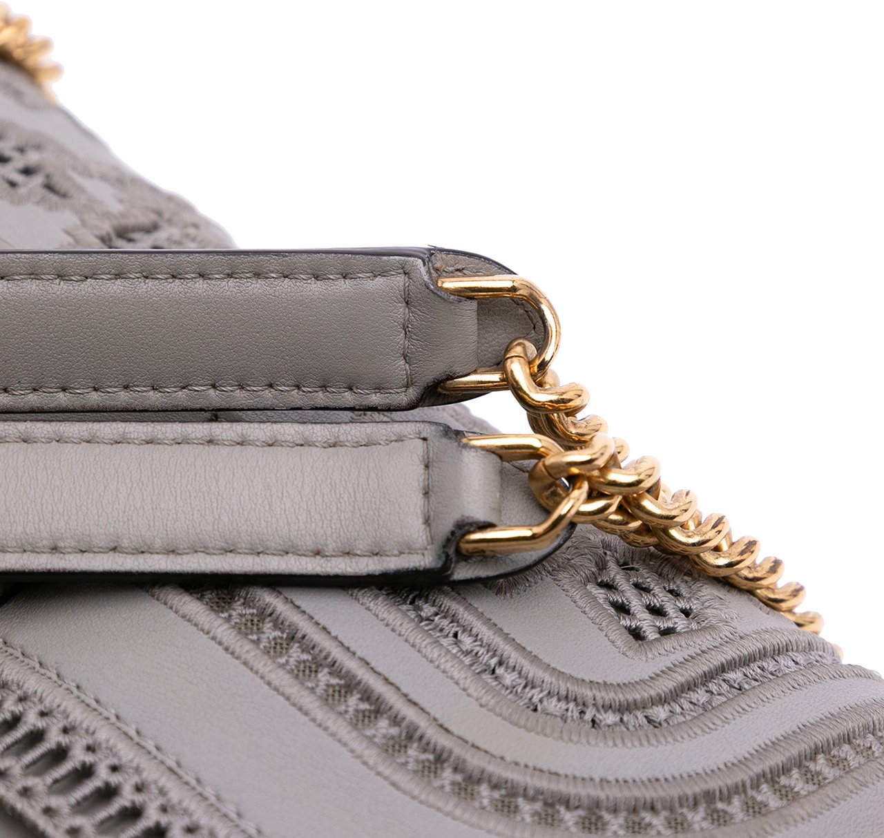 Fendi Embroidered Lace Leather Baguette Chain Grijs