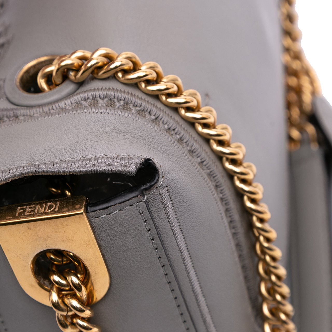 Fendi Embroidered Lace Leather Baguette Chain Grijs