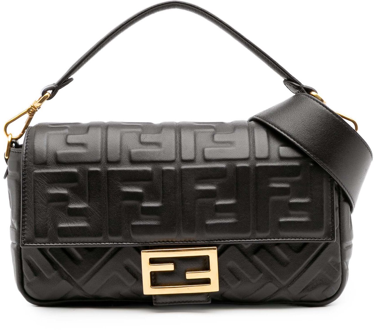 Fendi Zucca Embossed Leather Baguette Satchel Zwart