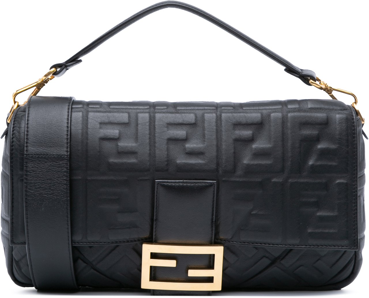 Fendi Large Zucca Embossed Leather Baguette Satchel Zwart