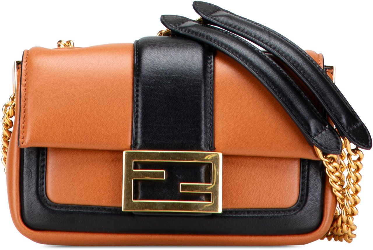 Fendi Mini Bicolor Nappa Apolo Chain Baguette Shoulder Bag Bruin
