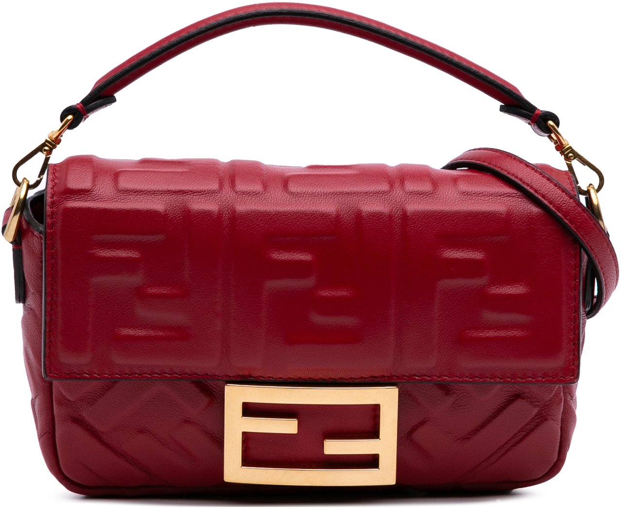 Fendi Mini Zucca Embossed Leather Baguette Satchel Rood