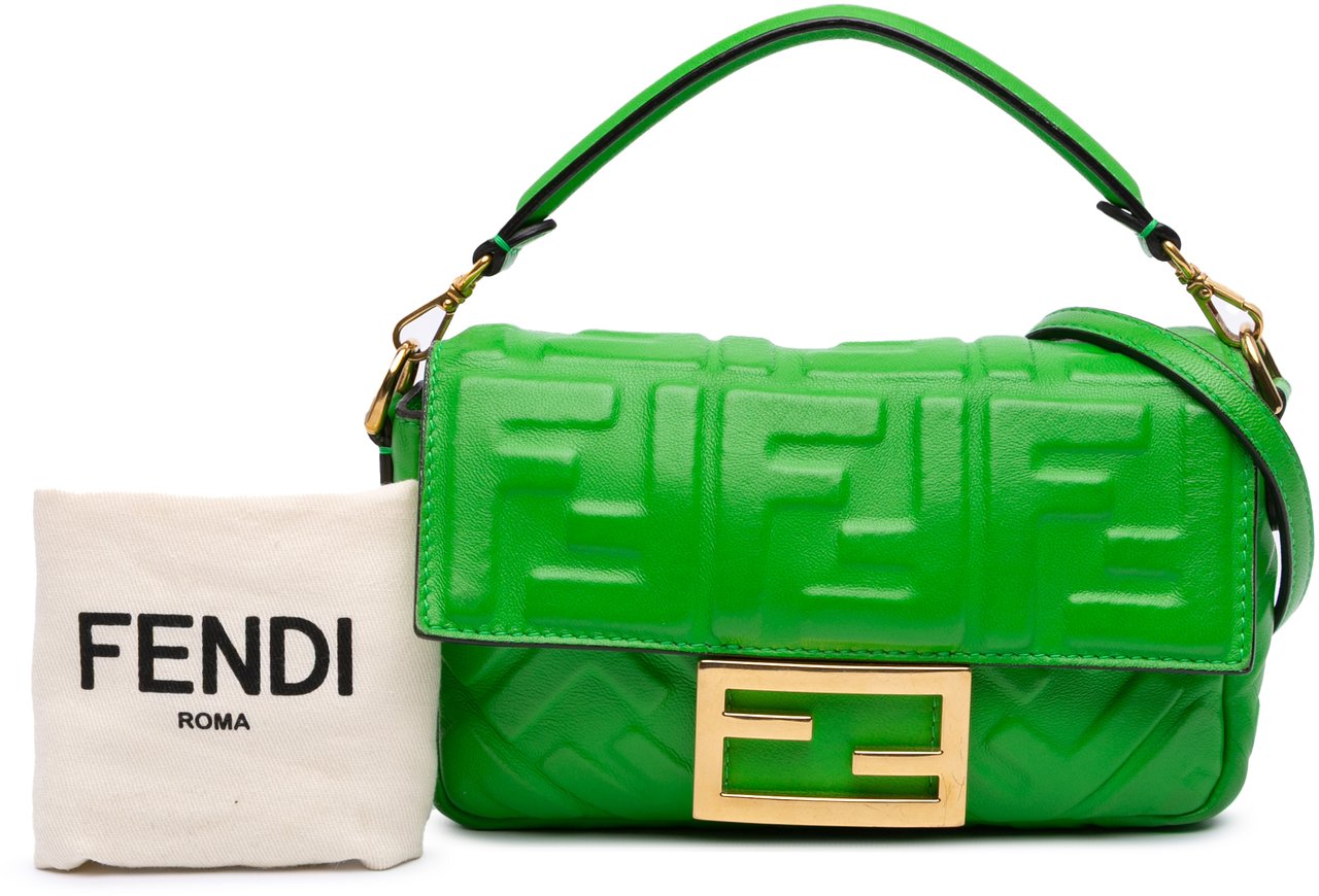 Fendi Mini Zucca Embossed Leather Baguette Satchel Groen