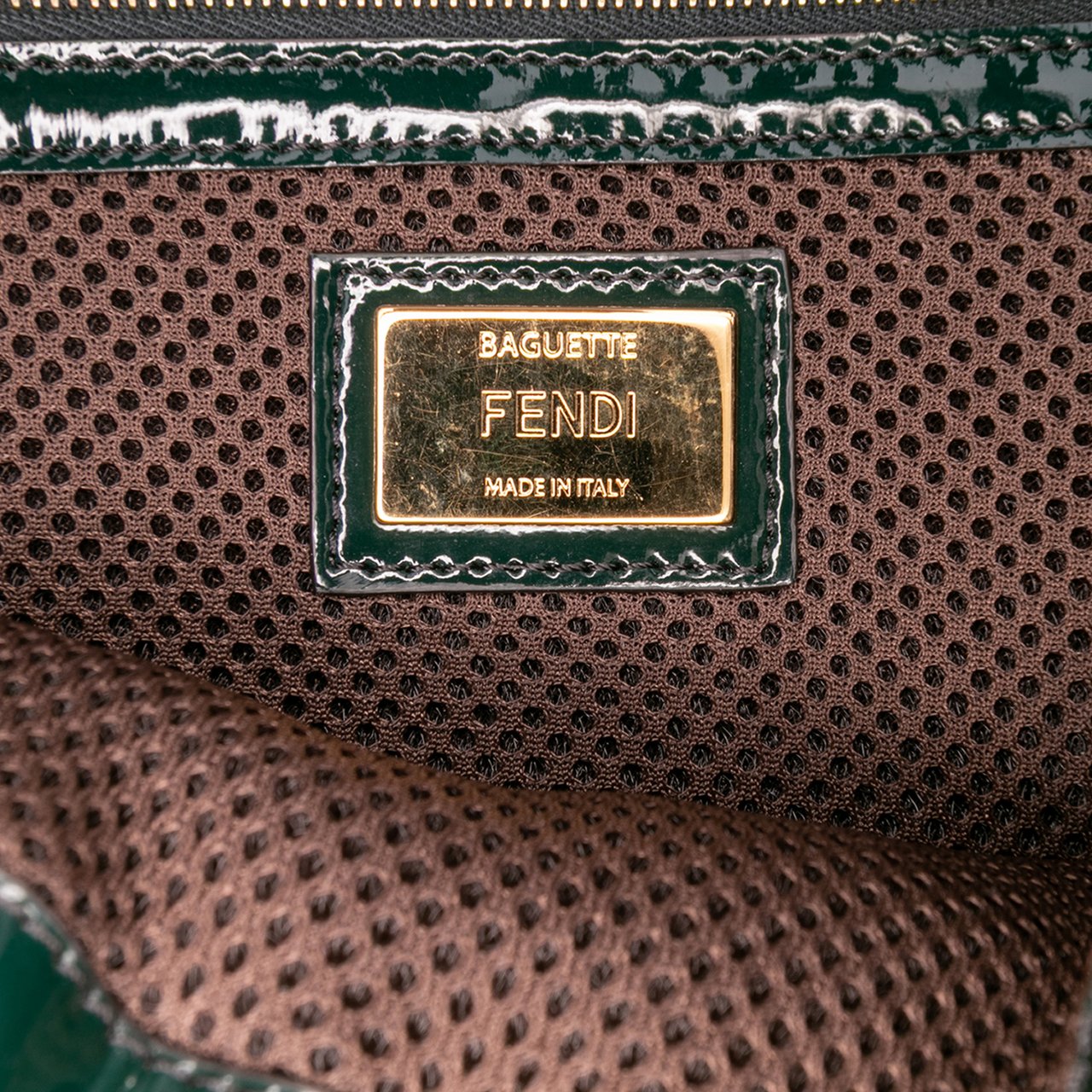 Fendi Large Zucca Embossed Patent Baguette Satchel Groen