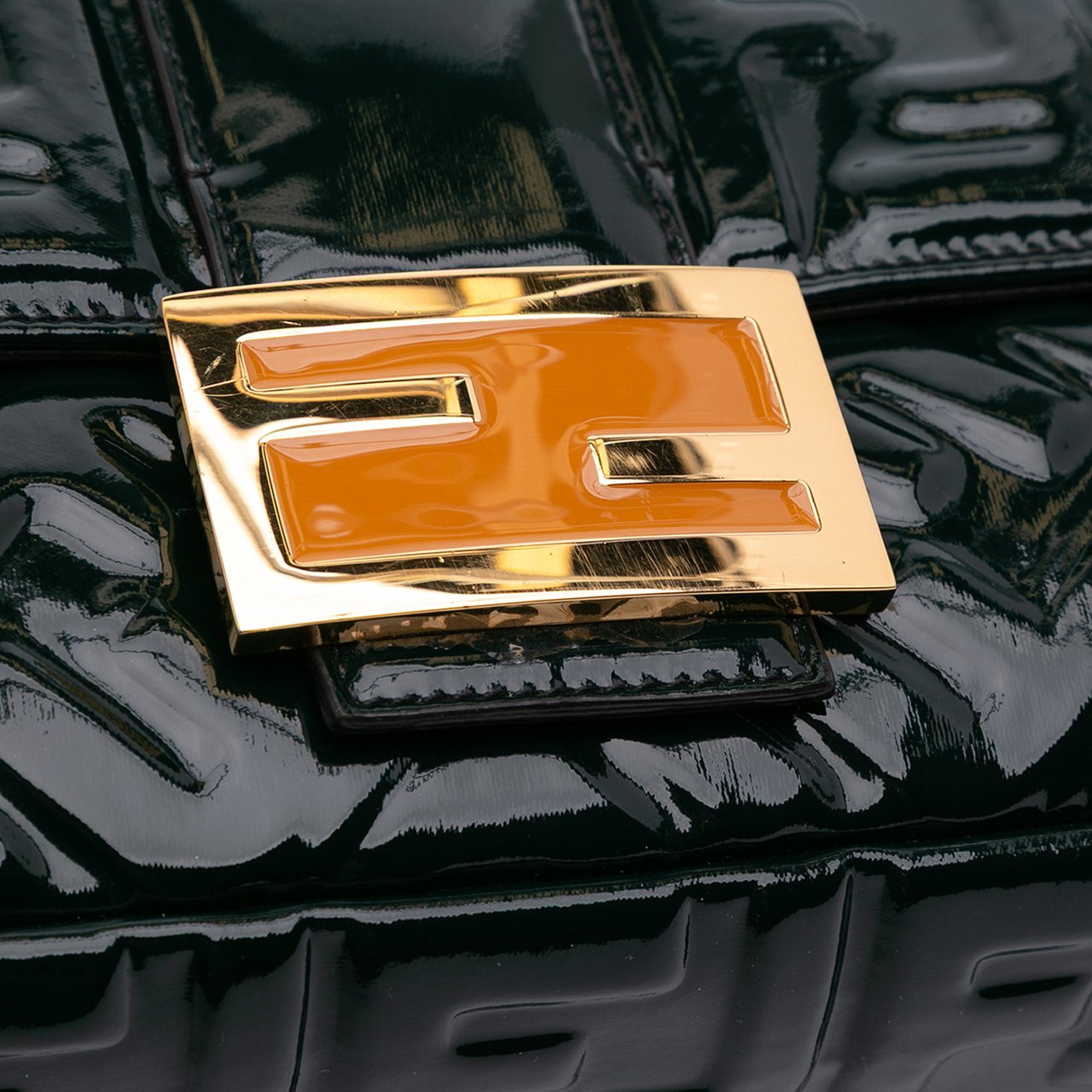 Fendi Large Zucca Embossed Patent Baguette Satchel Groen