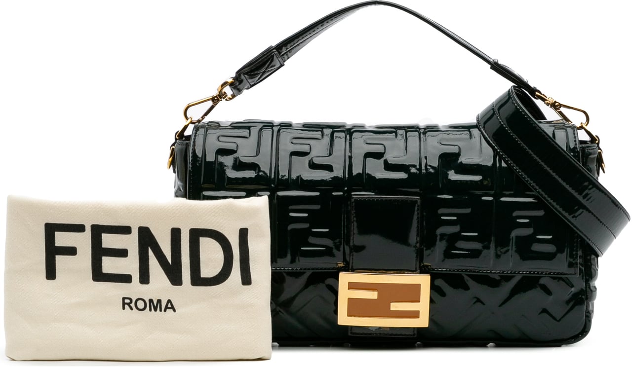 Fendi Large Zucca Embossed Patent Baguette Satchel Groen