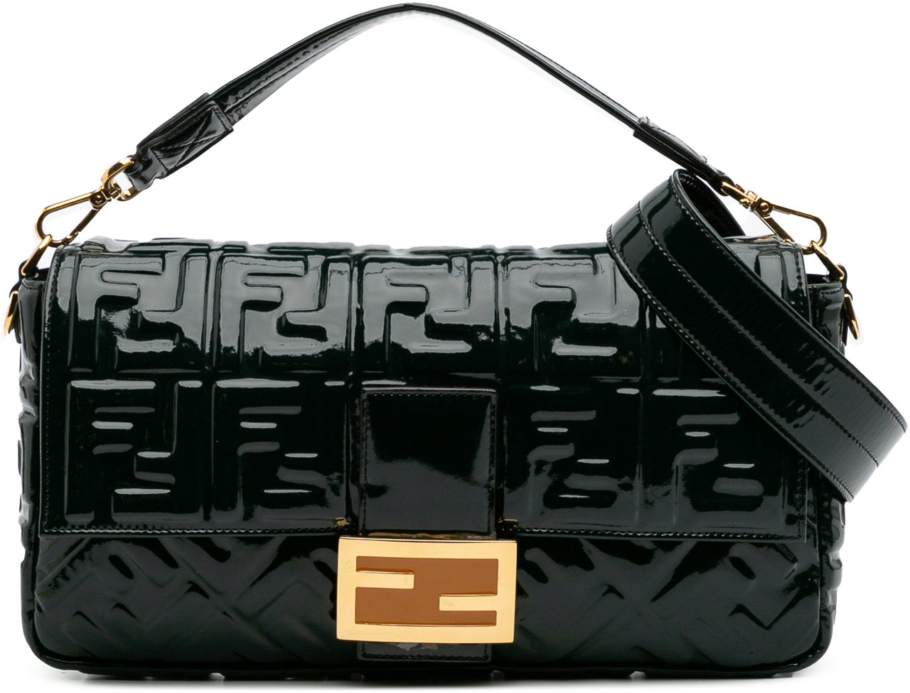 Fendi Large Zucca Embossed Patent Baguette Satchel Groen