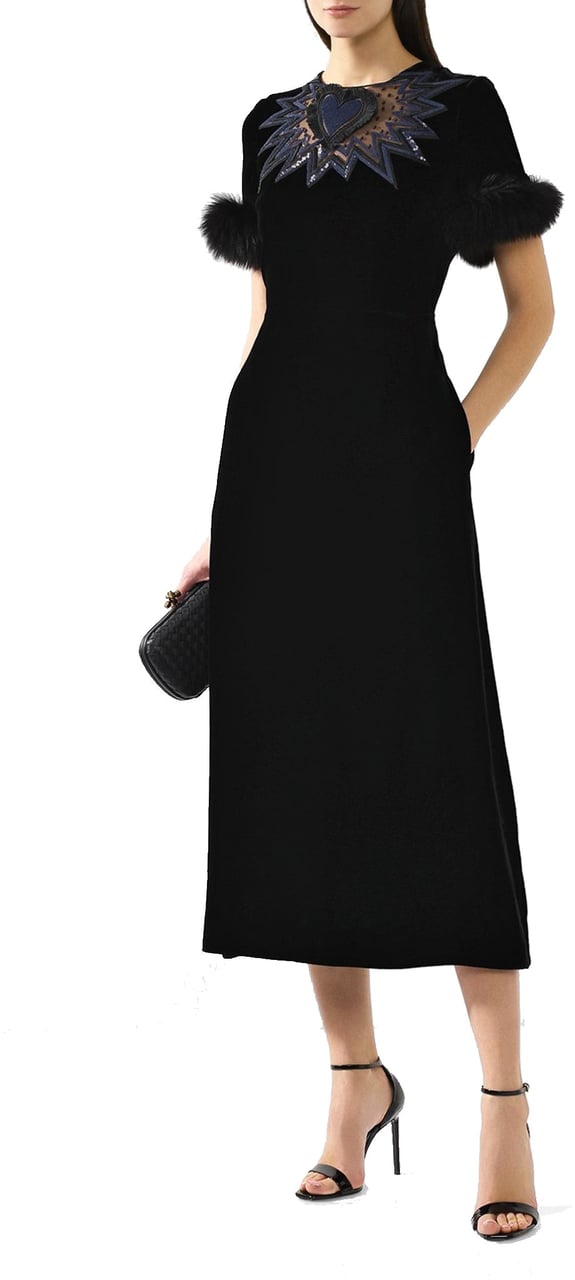 Fendi Fendi Fur Trim Velvet Midi Dress Zwart
