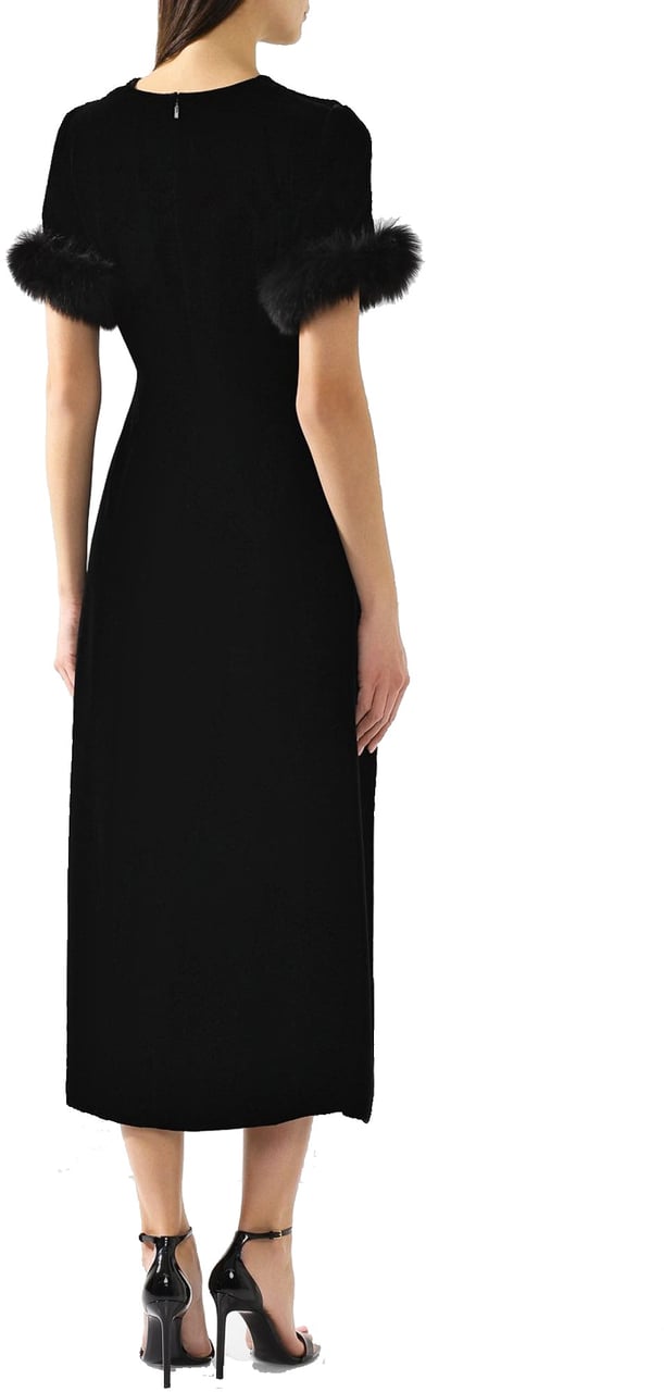 Fendi Fendi Fur Trim Velvet Midi Dress Zwart