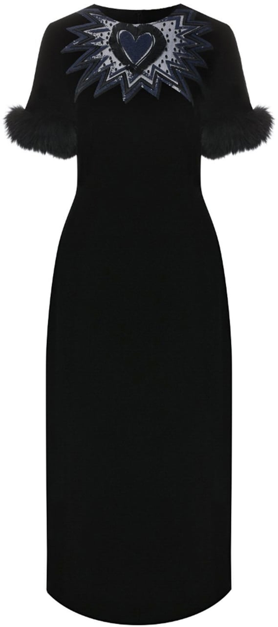 Fendi Fendi Fur Trim Velvet Midi Dress Zwart