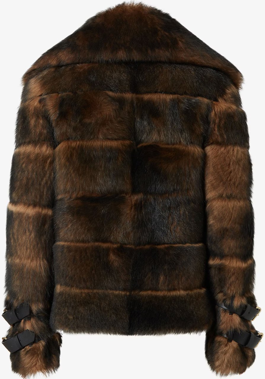 Fendi Structured Dark Brown Shearling Jacket with Buckle Details Zwart