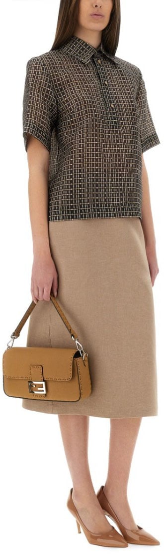 Fendi Waxed Linen Midi Skirt Neutraal