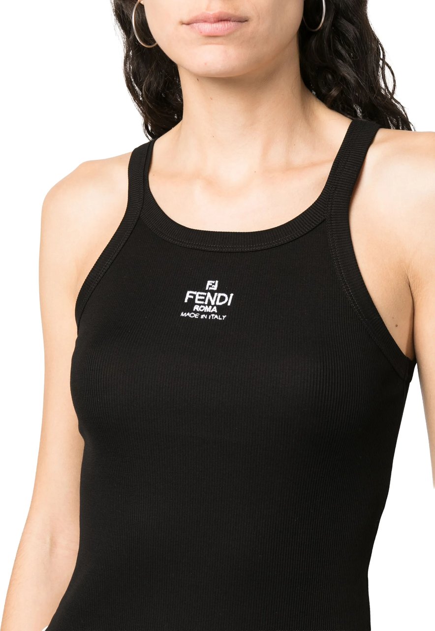 Fendi Ribbed Cotton Jersey Square Neck Tank Zwart